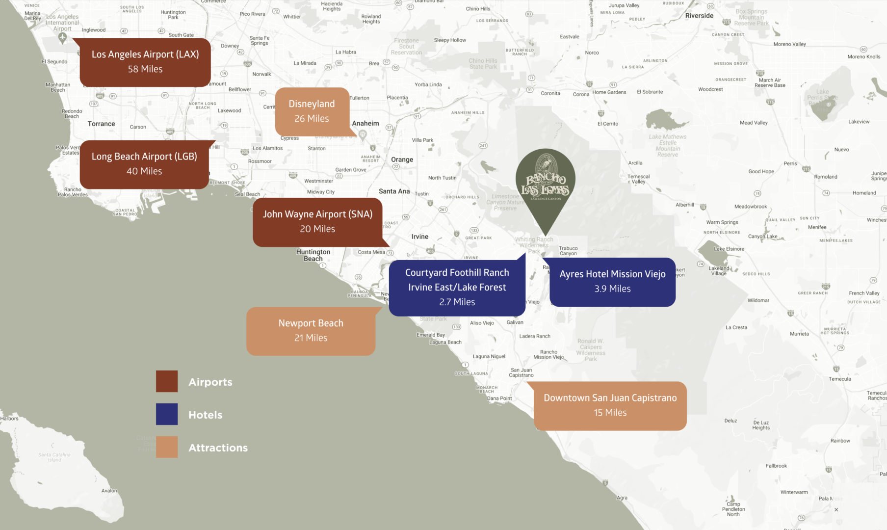 Map of Orange County, California showing airports, hotels, attractions, and their distances from Rancho Las Lomas. Noted locations include Disneyland, Newport Beach, and nearby airports and hotels.