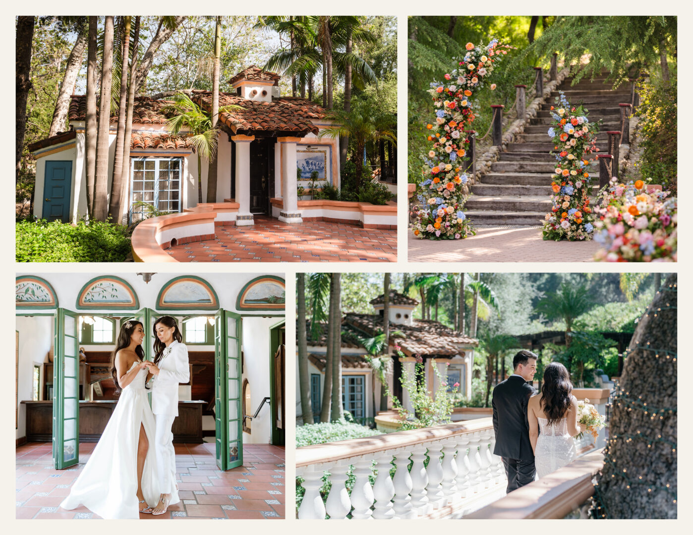 A collage of a sunny wedding venue with a tiled courtyard, floral-decorated stairs, a couple getting ready indoors, and a couple walking outside along a balustrade surrounded by lush greenery.