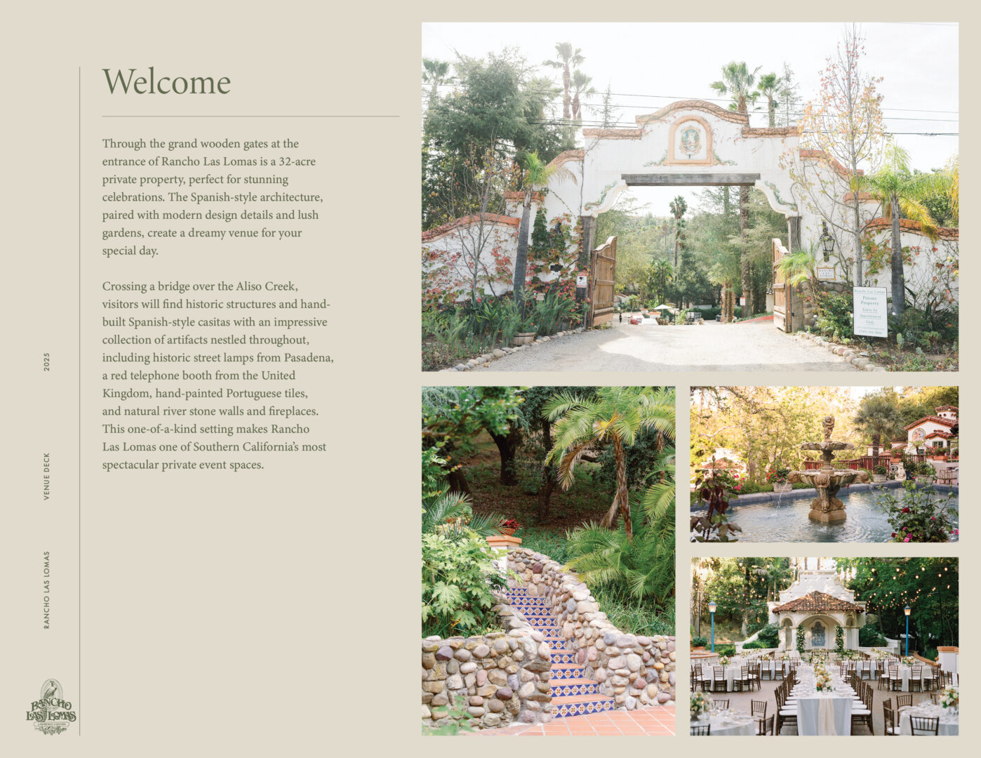 Four photos of a lush, Spanish-style estate: an ornate entrance gate, a tiered fountain, a staircase lined with flowers, and a decorated outdoor event space with dining tables under a vine-covered structure.