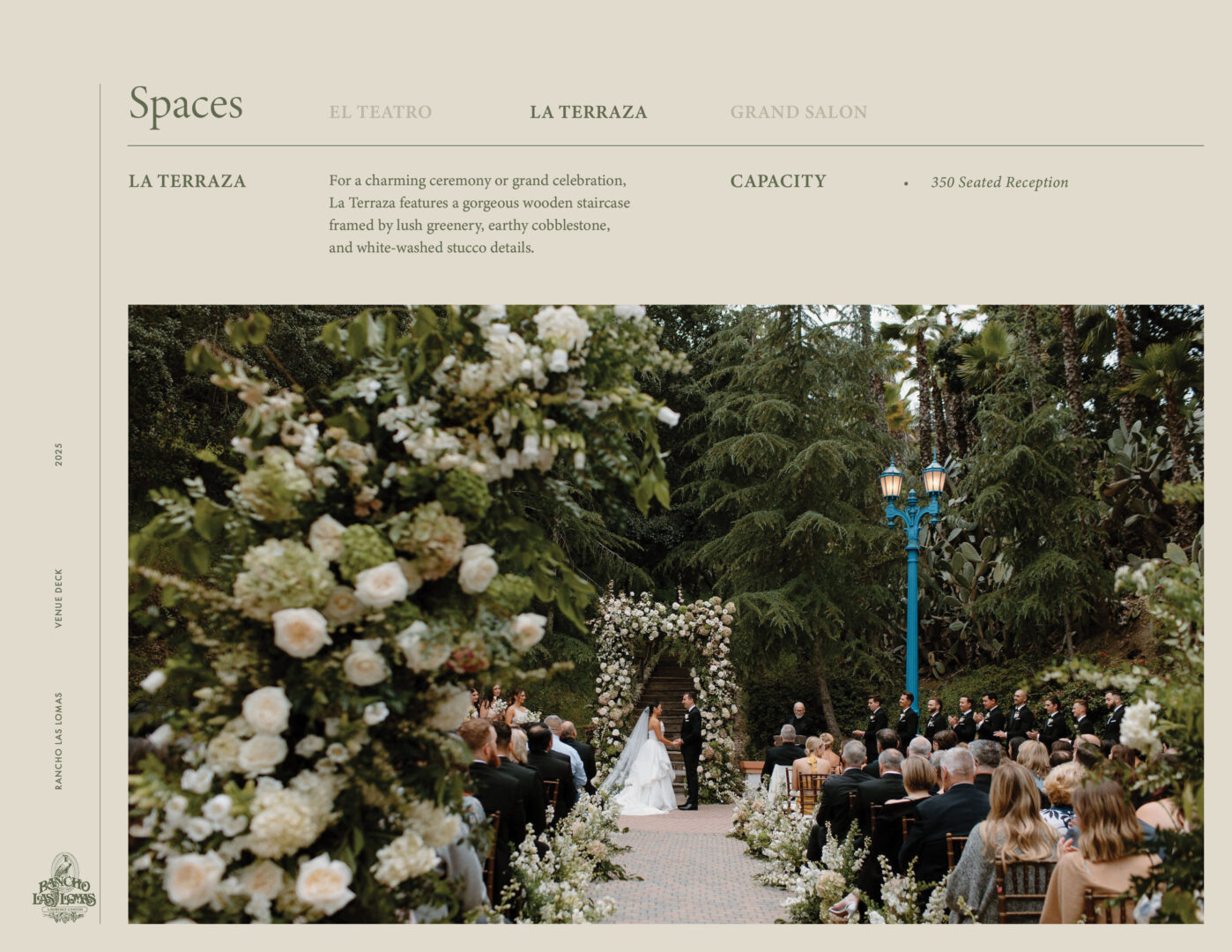 A wedding ceremony outdoors with a couple at the altar, surrounded by guests seated on both sides. Arches and aisles are decorated with white flowers and greenery, with tall trees and a lamppost in the background.