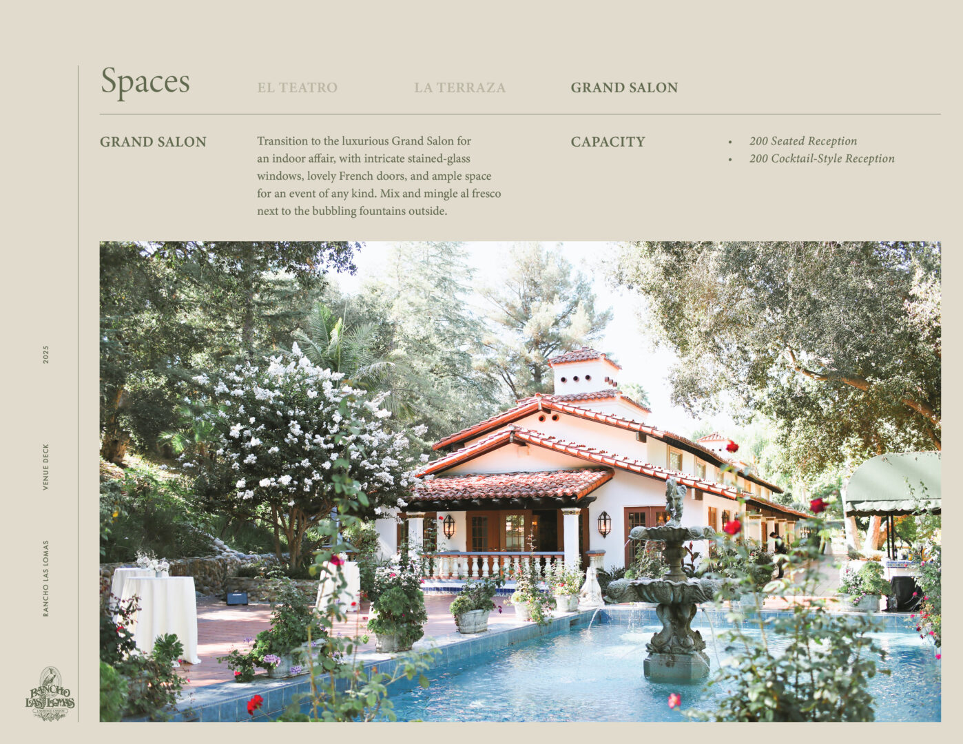 A Mediterranean-style villa with terracotta roof, surrounded by lush gardens. A blue fountain sits in the foreground with blooming flowers and white outdoor tables set for an event. Sunlight filters through tall trees.
