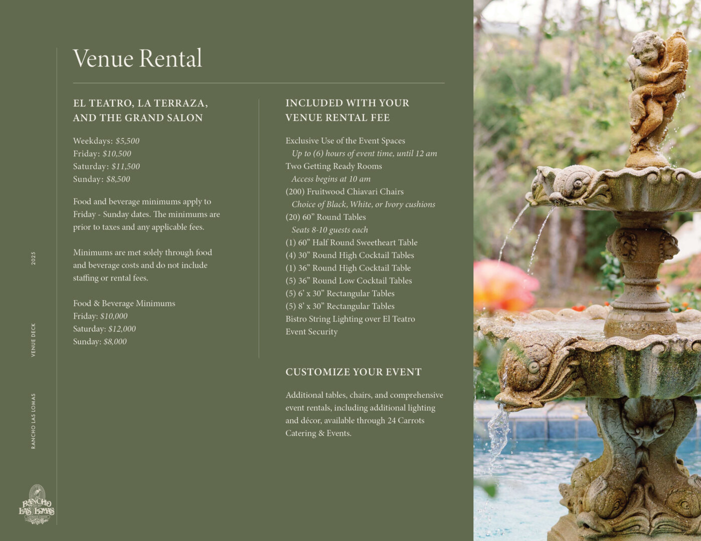 A venue rental brochure lists packages, fees, inclusions, and customization options on the left; on the right, a close-up of a decorative stone fountain with water flowing and greenery in the blurred background.