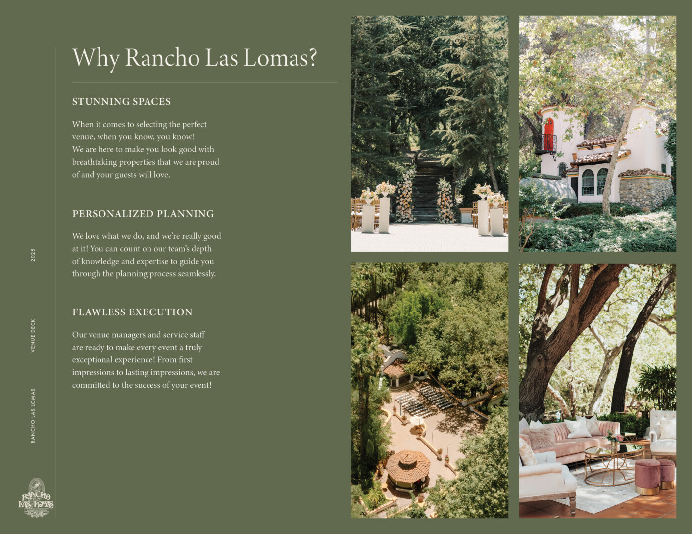 A venue brochure with text on the left and three images: a white Spanish-style building, a tree-shaded courtyard with tables, and an outdoor lounge area with sofas in a lush, green setting.