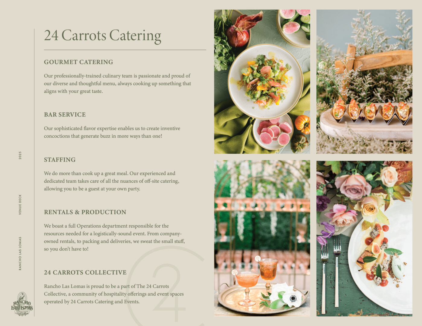 A catering menu page featuring elegant food displays, including a charcuterie board, floral centerpiece, colorful desserts, cocktails, and a beautifully set place setting with a flower on the plate. Text describes catering services.